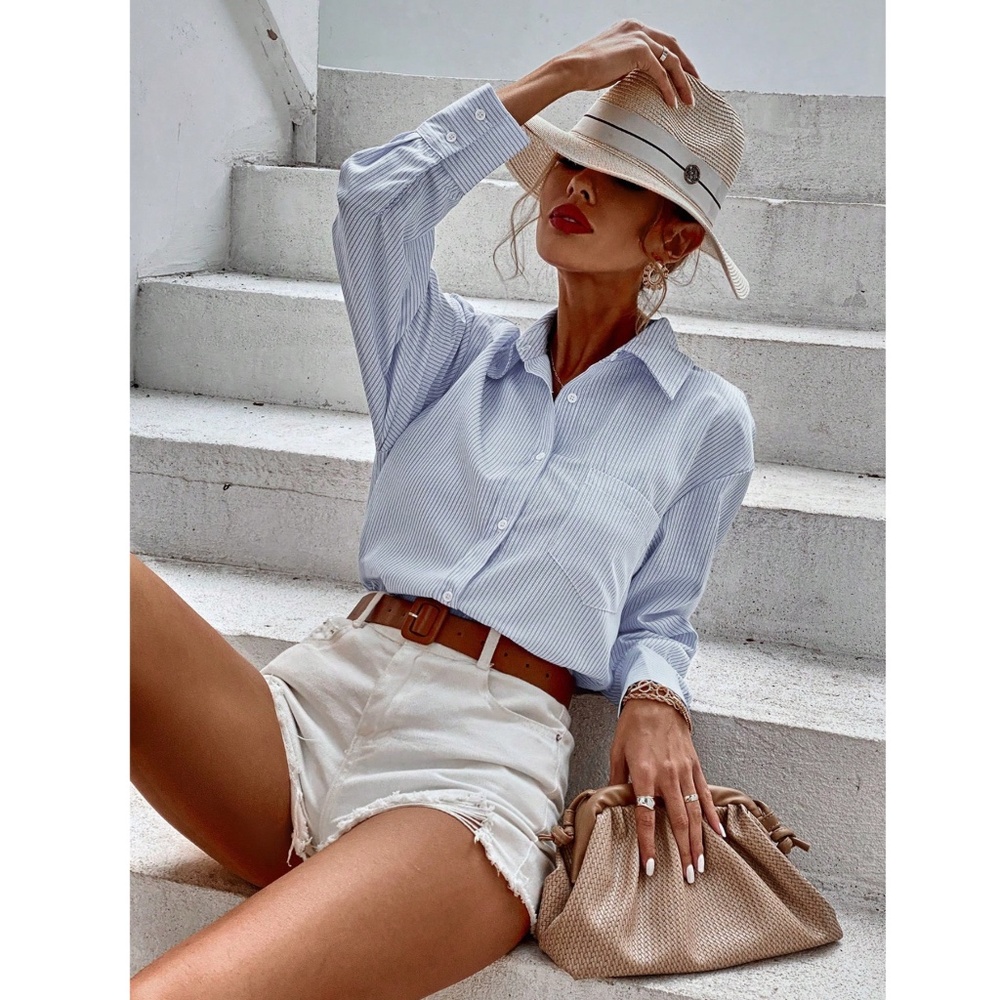 Blue and White Striped Casual Oversized Button Down Shirt Front Pocket - Picture 2 of 8